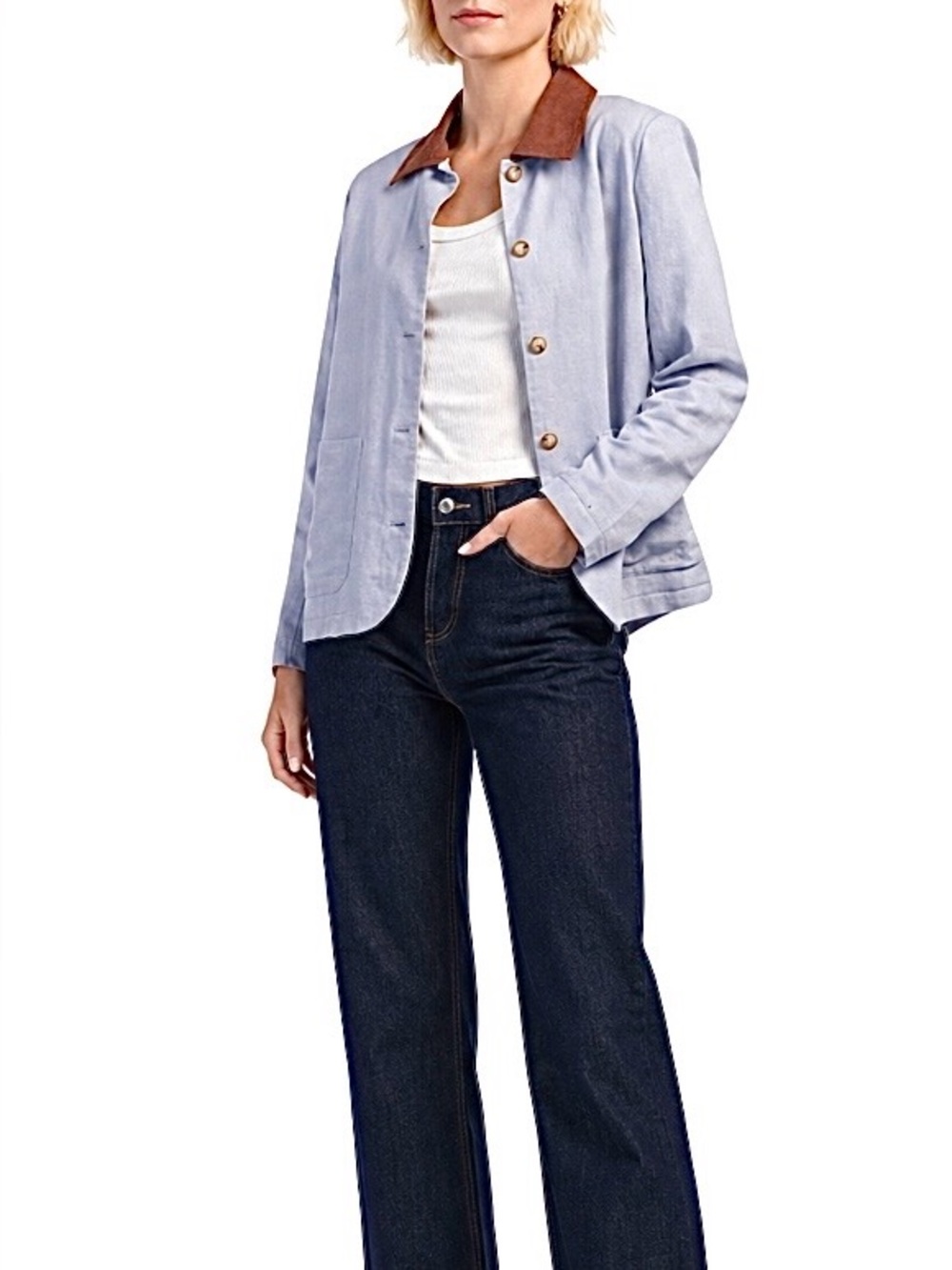Calypso St. Barth Linen Barn Jacket L Blue Gray Brown Collar Utility Chore NWT